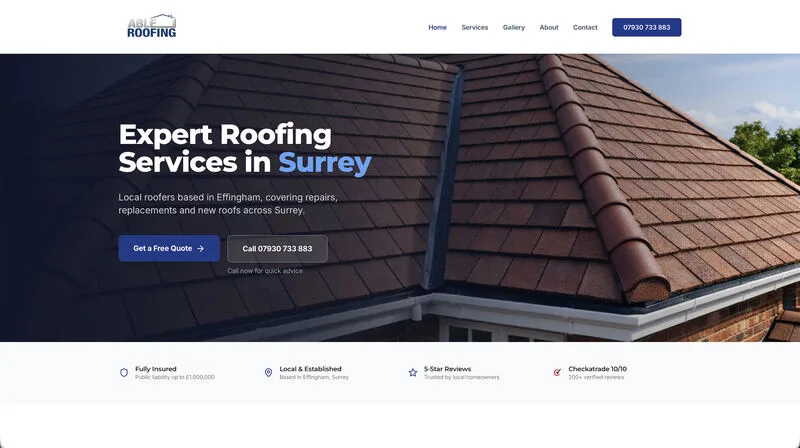 Able Roofing website, with a bold local roofing services homepage
