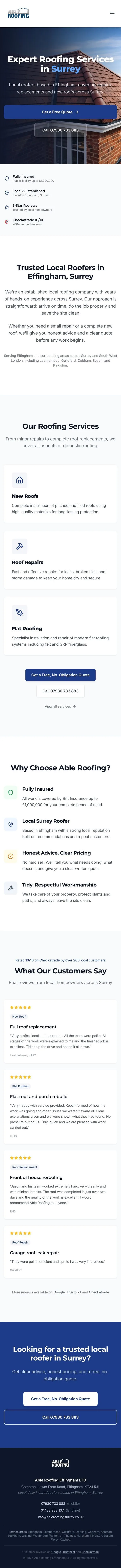 Able Roofing website shown in a phone-sized layout