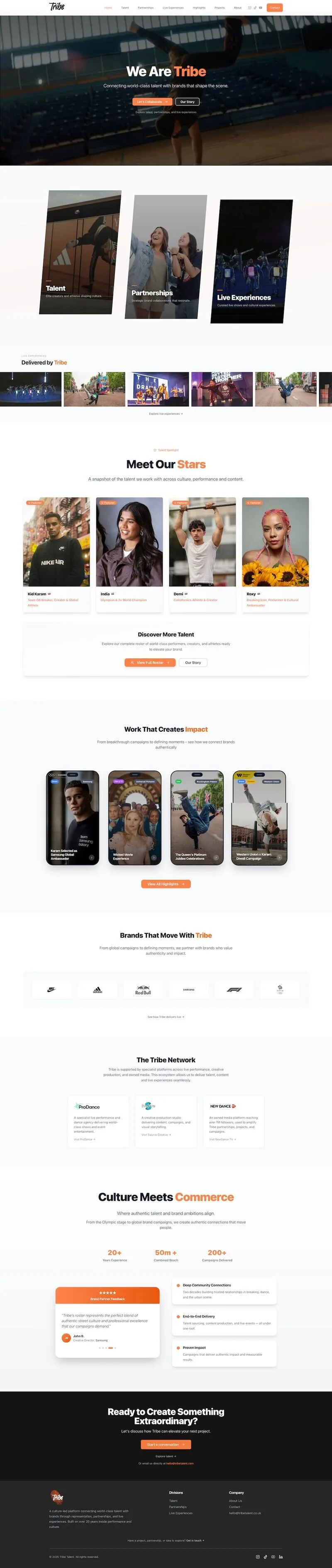 Tribe Talent website featuring talent, partnerships and live experiences